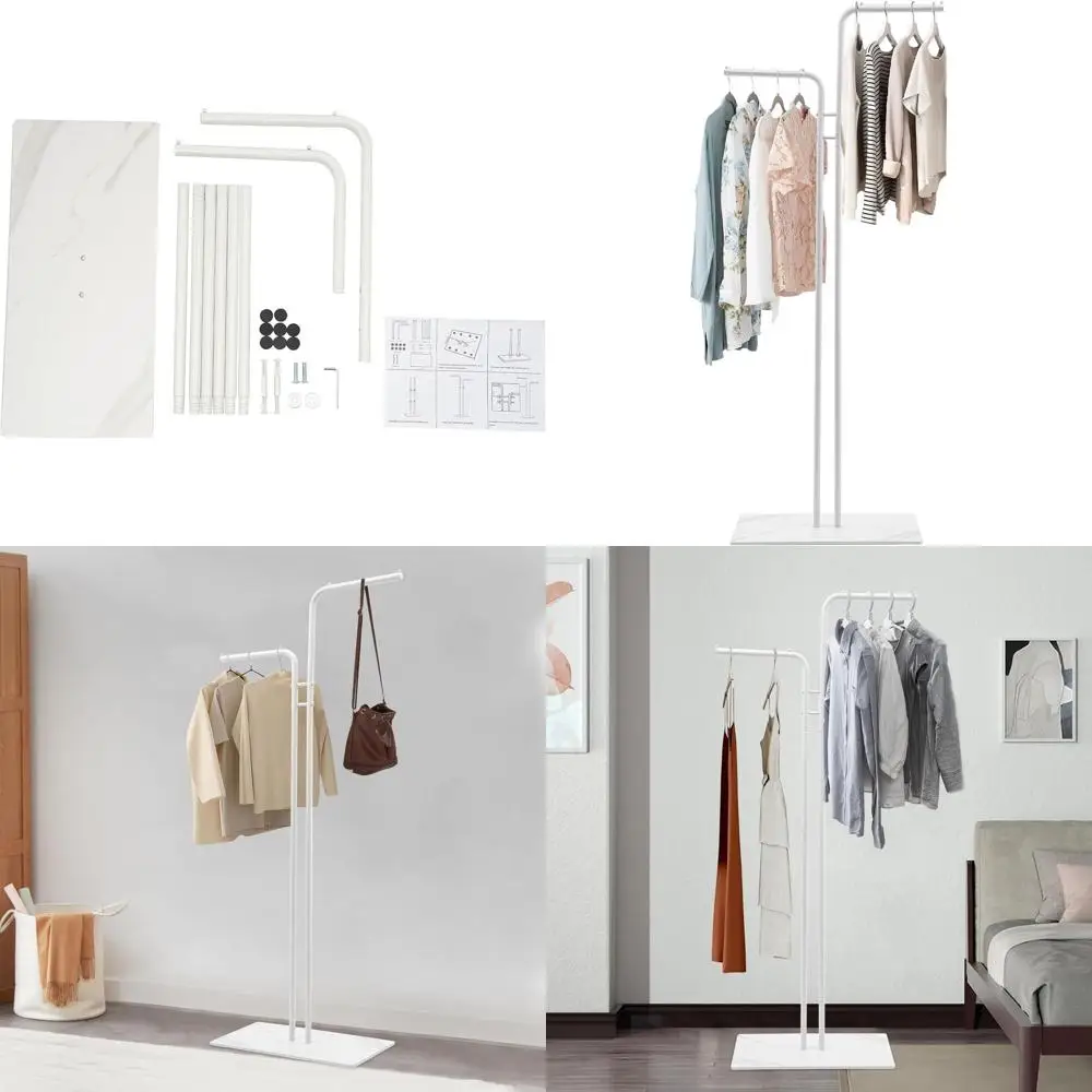 

Stylish Freestanding Double-Pole Metal Coat Rack with Stable Base for Bedroom and Office in White