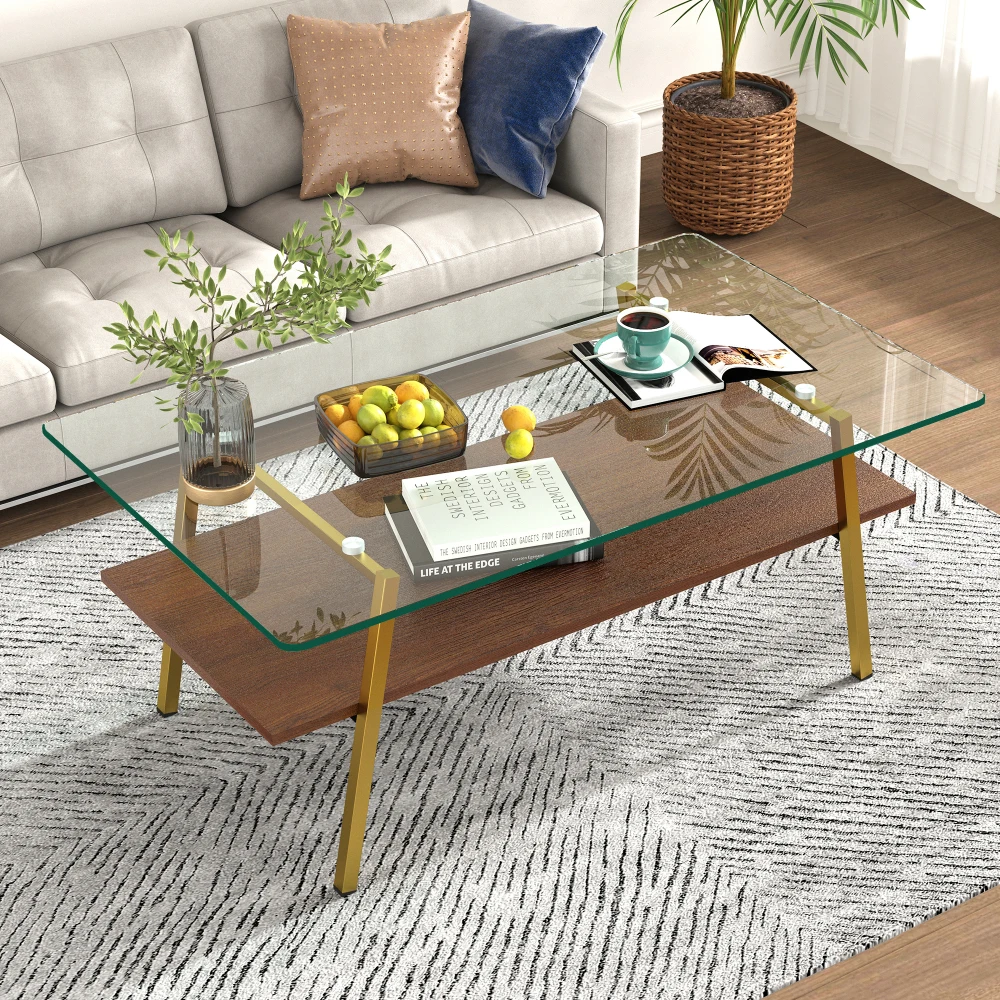 Rectangle Coffee Table Tempered Glass Tabletop with Gold Metal Legs Modern Table for Living Room Transparent Glass