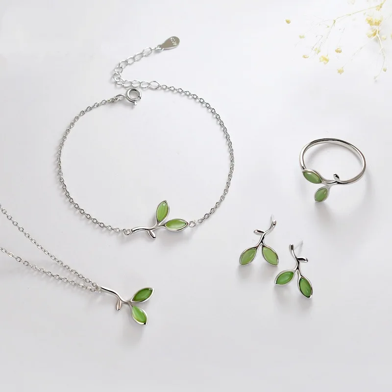 S925 Sterling Silver Jewelry Set Including Bud Green Pendant Necklace Clavicle Chain Earrings Bracelet And Ring For Women