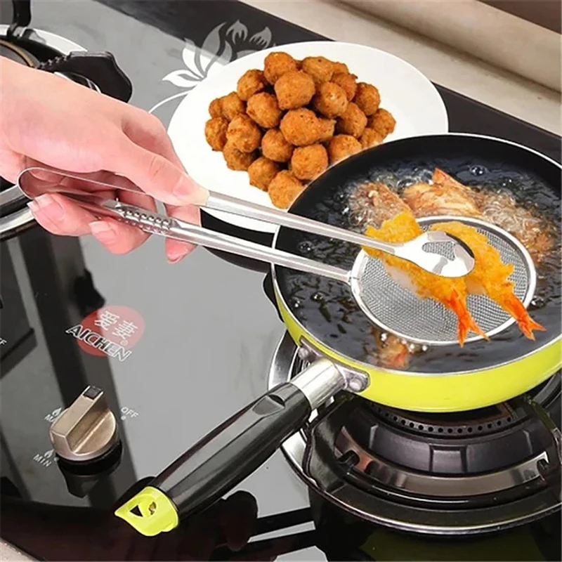 Stainless Steel Fine Mesh Strainer Clamp Oil-Frying Filter Spoon Colander Clip Tongs for Fried Food, Salad, BBQ, Multi-function