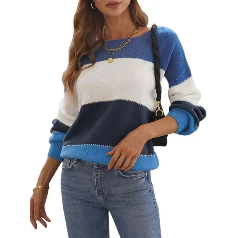 

CYL-Female Sweaters Casual Long Sleeve Crewneck Color Block Patchwork Pullover Knit Sweater Tops Blue XL