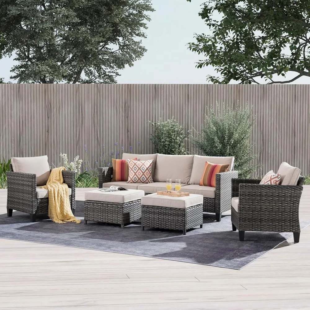 

Patio furniture set, 7 pieces outdoor wicker rattan sofa, ottoman and comfortable cushions, high backrest set garden backyard