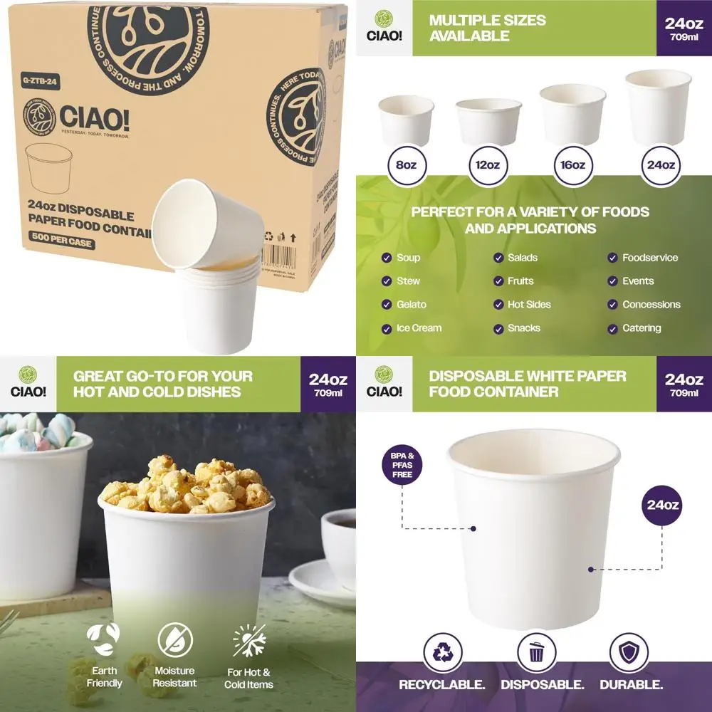 

Disposable White Paper Food Containers 24oz, 115mm Diameter, Lids Not Included, Pack of 500