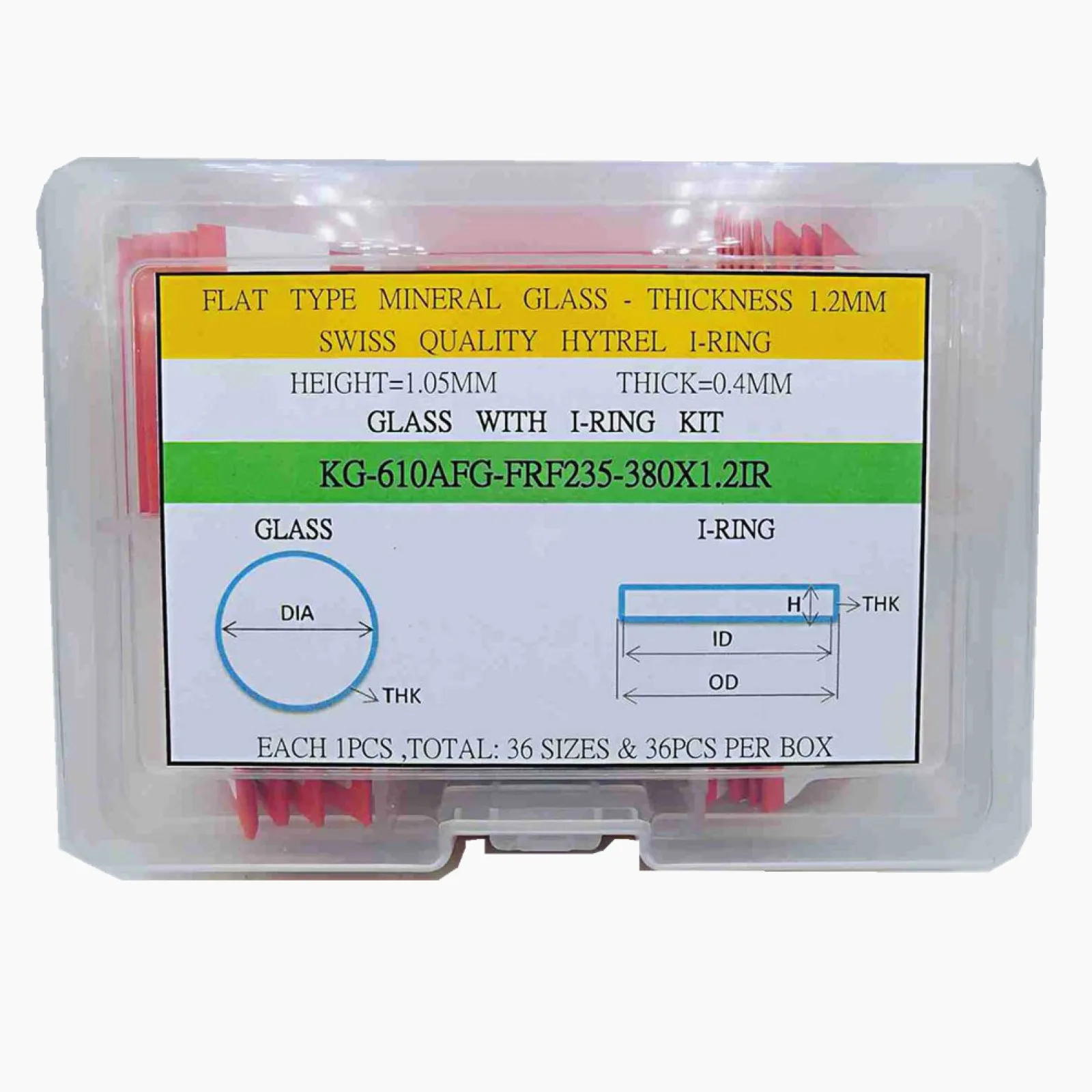 Flat Type Mineral Glass 1.2mm Thick 23.5mm-38mm Round Watch Crystal Glass with I-Ring 0.4mm Thick Assortment Box for Watchmakers