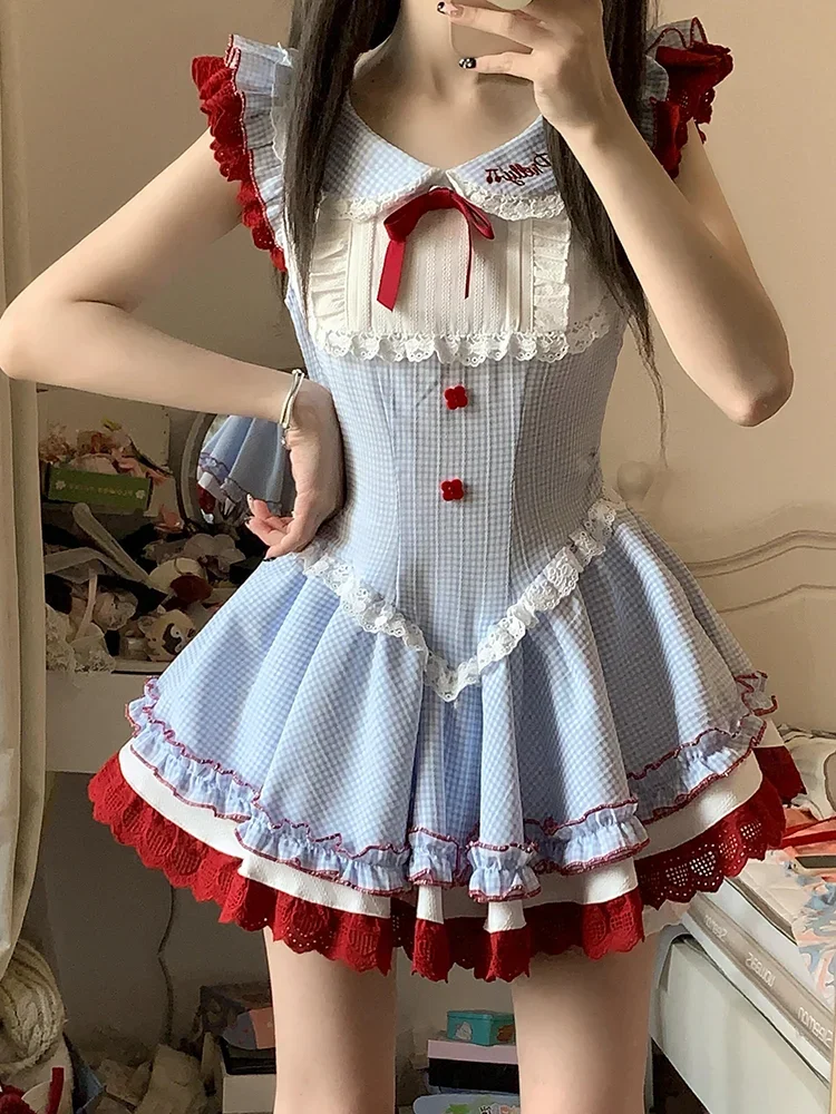 

Милое синее лоскутное платье в клетку, женское новое летнее платье с талией, тонкие пышные платья в студенческом стиле, милое платье Лолиты с кукольным воротником, новинка 2023 года