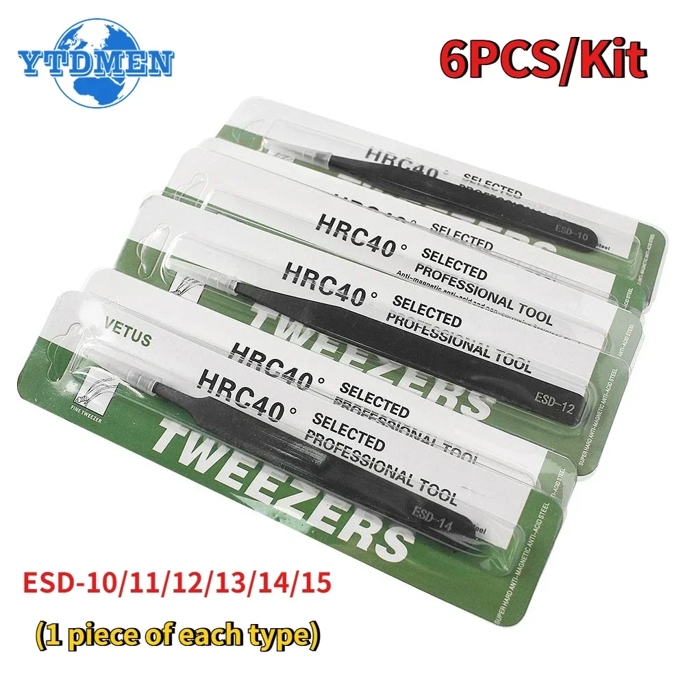 6PCS Tweezers ESD Anti-Static Stainless Steel Tweezers Kit PCB Repair Hand Tools Set ESD-10/11/12/13/14/15 Each Type 1pcs