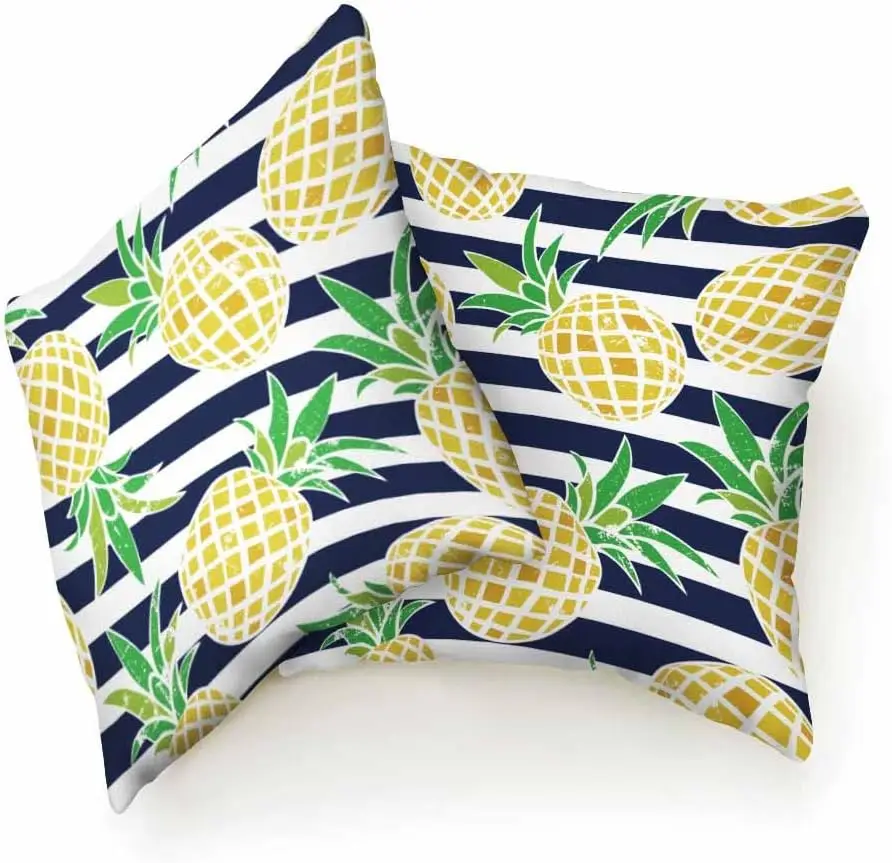 Tropical Cushion Cases Yellow Cartoon Pineapple with Dark Blue and White Striped Pack of 2 Throw Pillow Case Decorative 18x18in