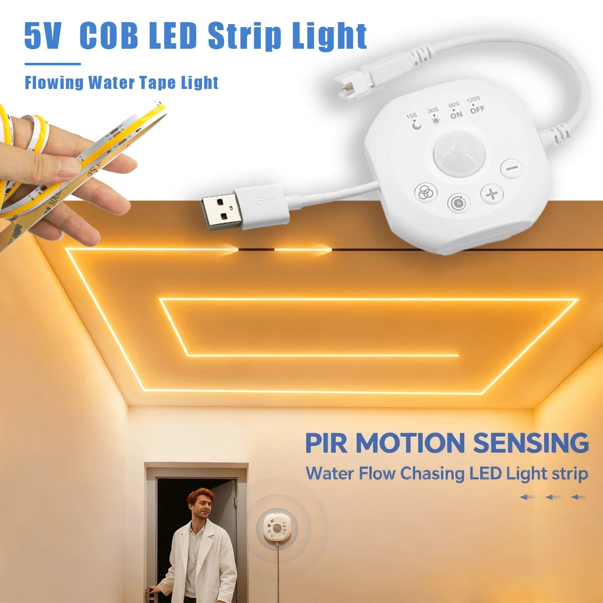 Flowing Water Light Strip, COB LED Strip Light, Motion Sensor LED Strip Light, Warm White/White Adjustable Delay, Cuttable