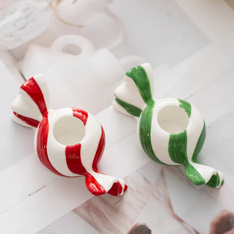 Nordic colorful striped candy candlesticks,long-pole candle candlesticks,handcrafted ceramic ornaments,creative home decorations
