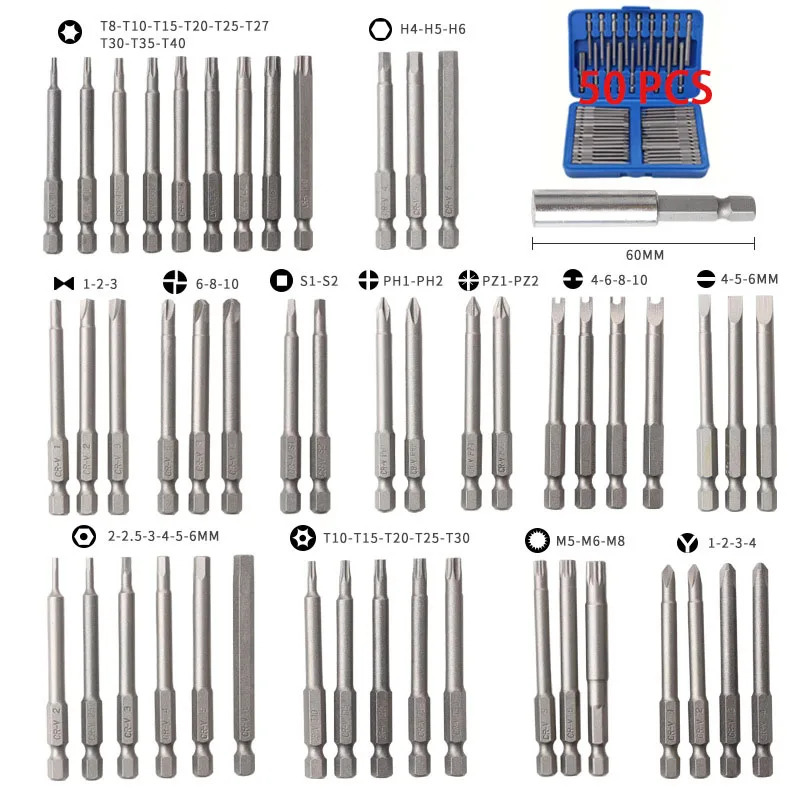 1/4 Screwdriver Bits Kit Professional Extra Long Torx Star Hex Splines Bit Set Security Magnetism Screwdrivers Bits