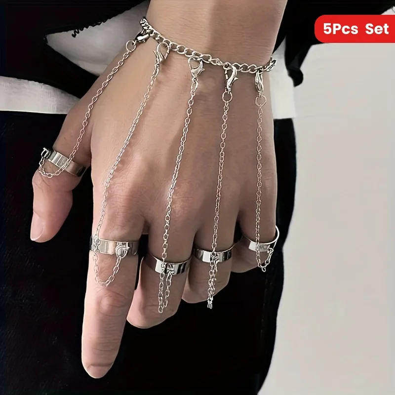 Fashion Finger Bracelet Men Women Adjustable Open Band Ring Connecting Chain Ring Set Trendy Hip Hop Street Style Combo Jewelry