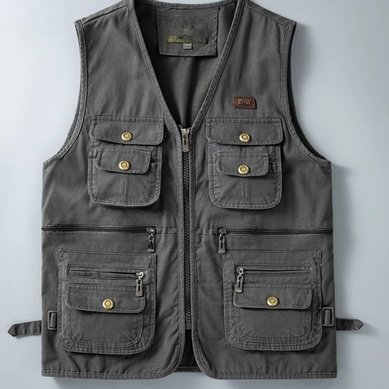 Men Spring Autumn Cotton Multi-Pocket Vest Loose Outdoor Fishing Photography Casual Waistcoat Middle-Aged