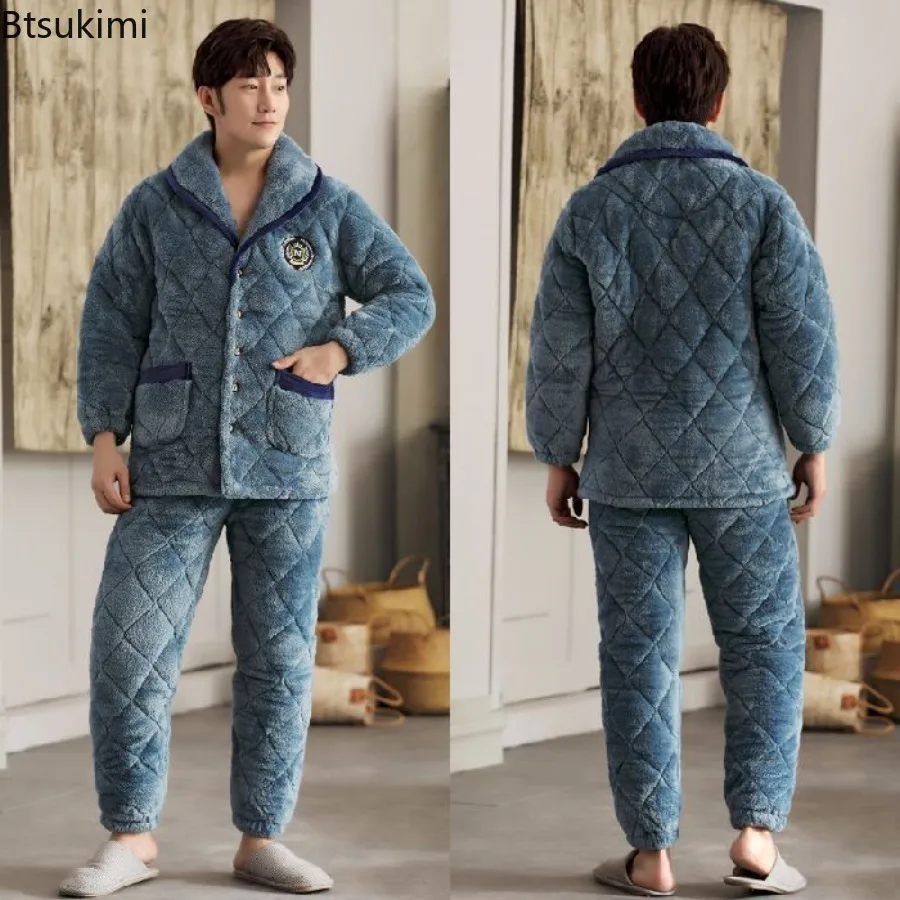 2026 Men's Three-layer Thick Coral Fleece Filled Pajamas Autumn and Winter Home Wear with Cotton Lining Flannel Pajamas for Men