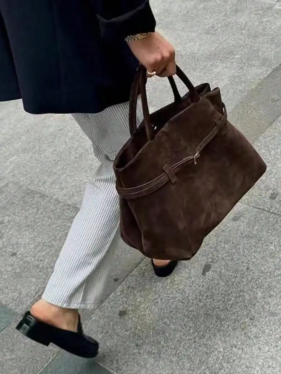 

2026 New Style Matte Suede Leather Belt Buckle Women's Brown Tote Bag, Relaxed Style Commuter Bag, Tote Bags
