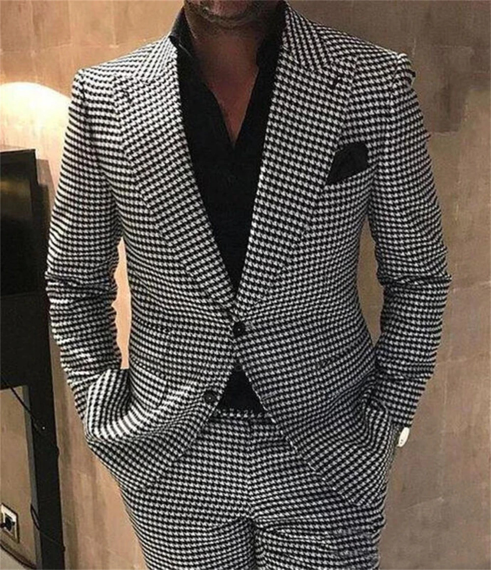 Plaid Men Suits for Wedding 2 Piece Houndstooth Checkered Groom Tuxedos Male Fashion Clothes 2024 Costumes Set Jacket with Pants