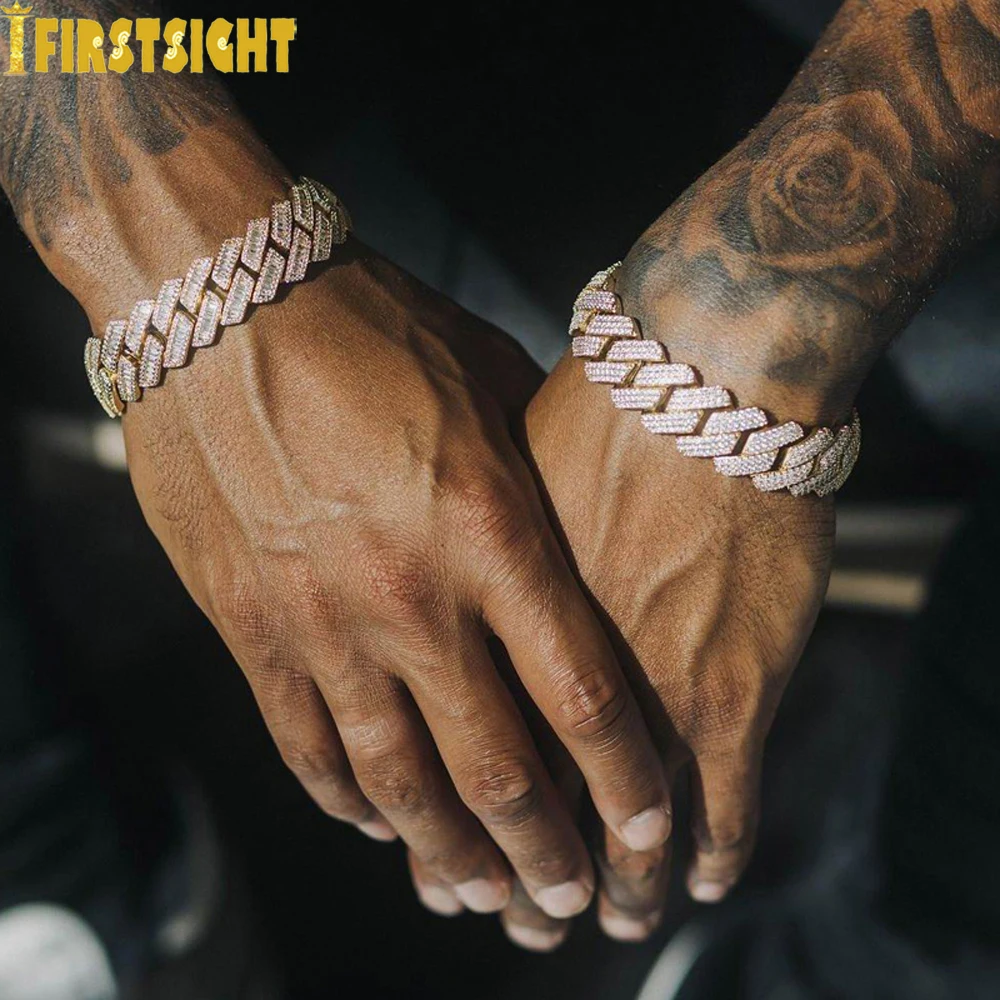 New Iced Out Cuban Link Bracelet For Men Prong Setting CZ Cubic Zirconia Two Tone Color Chain Bangle Hip Hop Jewelry