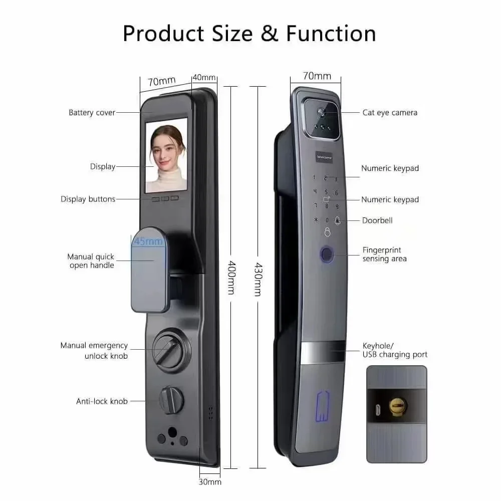 WiFi Tuya APP English/Russian/Spanish/Portuguese Voice Digital 3D Face Recognition Fingerprint Smart Door Lock With Camera