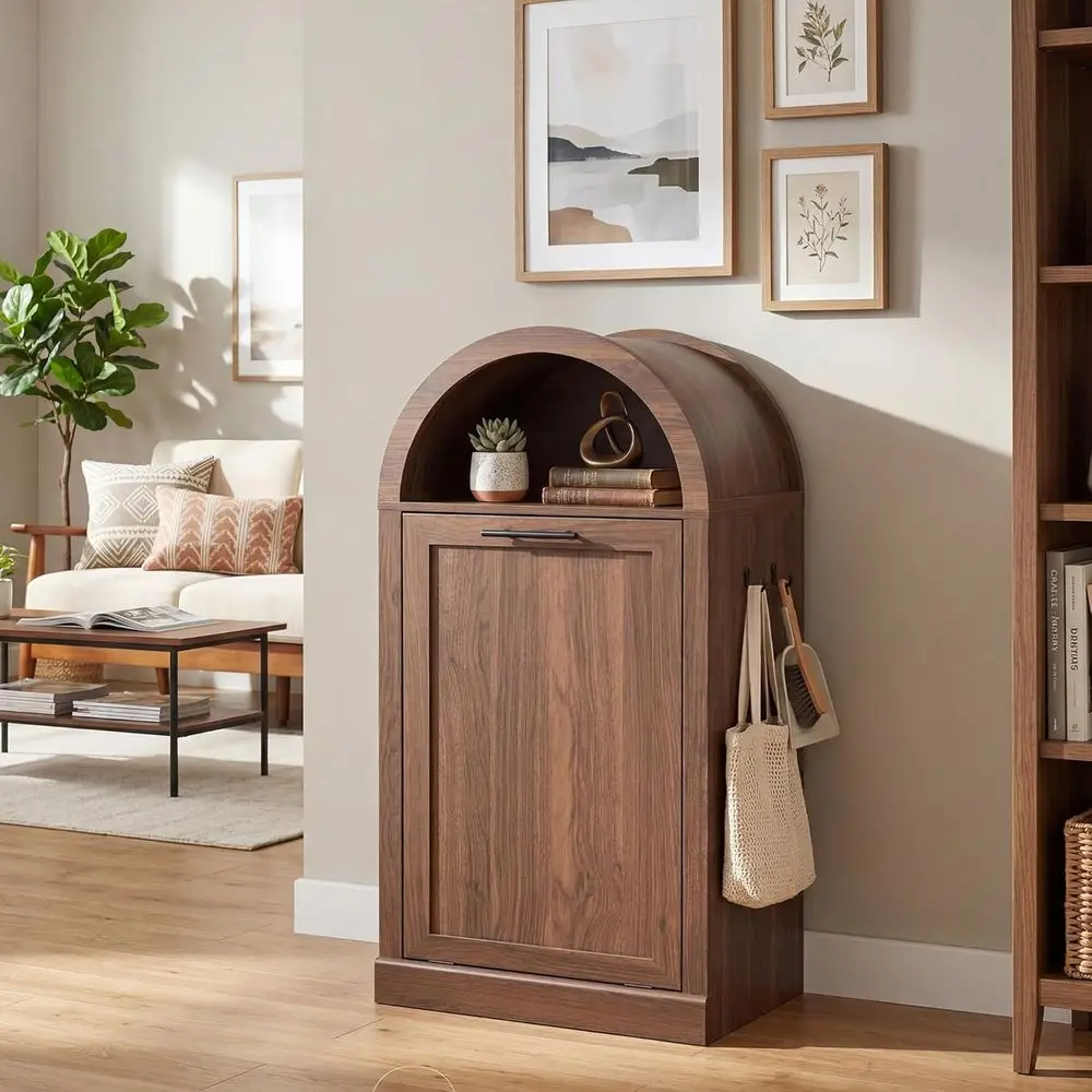 

Arched -Out Trash Can Cabinet,Laundry Hamper Cabinet with oldable Laundry Basket,Wooden Hidden Garbage Can Cabiwith Metal Handle