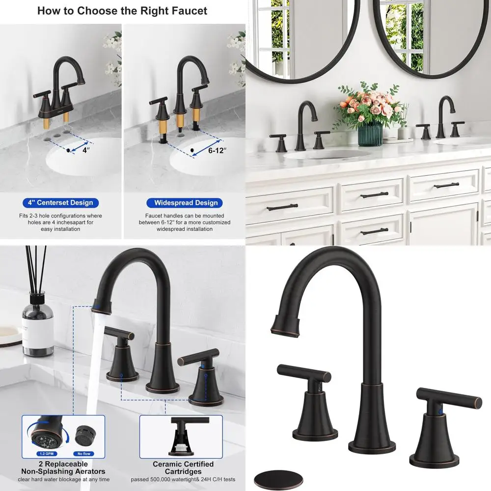 

3-Hole Oil Rubbed Bronze Sink Faucet with Pop-Up Drain, Lead-Free Stainless Steel Widespread for Vanity and Farmhouse Bathrooms