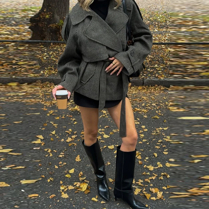 

Элегантная куртка в скромную полоску, вневременная универсальная женская верхняя одежда с завязкой на талии, осенняя повседневная шикарная женская одежда для поездок на работу