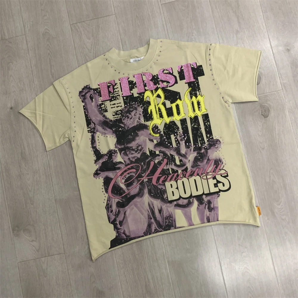 Washed FIRST ROW Rhine Stone Graphic Crop T-Shirt Men Women Unisex Rhinestone Loose Top T Shirt Tee