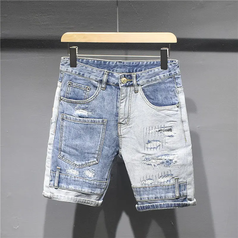 

Мужские джинсовые шорты премиум-класса с рваными элементами, модные, брендовые, в стиле INS, светлые, средней длины, летние, тонкие, с нашивками, зауженные, длиной до колена