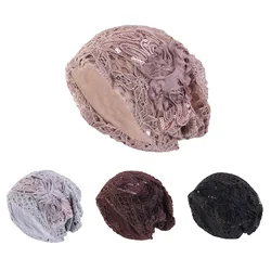 Thin Lace Turban Caps Pullover Hat For Women Muslim Beanie Sequins Flower Headscarf Bonnet Lady Hair Loss Cancer Chemo Hats