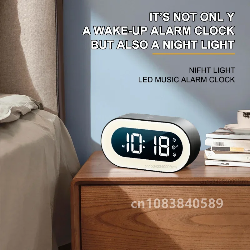 Music LED Digital Alarm Clock Voice Control Night Light Design Desktop Clocks Home Table Decoration Built-in 1200mAh Battery