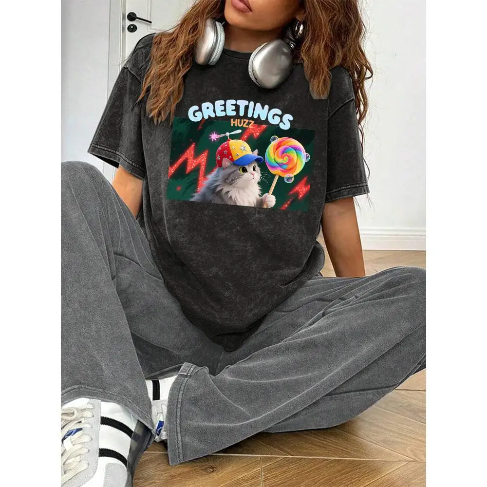 

Greetings Huzz Cat T-shirt, Men Women Oversized Washed Tee, Funny Cat Graphic Top, Lollipop Hat Kitty Gift, Streetwear Apparel