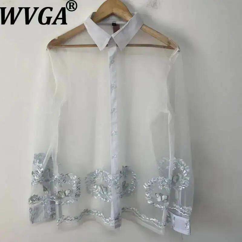 

WVGA Summer New Msn Embroidery Sheer Mesh Trendy Design Loose-fitting Versatile Shirts Niche Chic Casual Long Sleeve Tops W22891