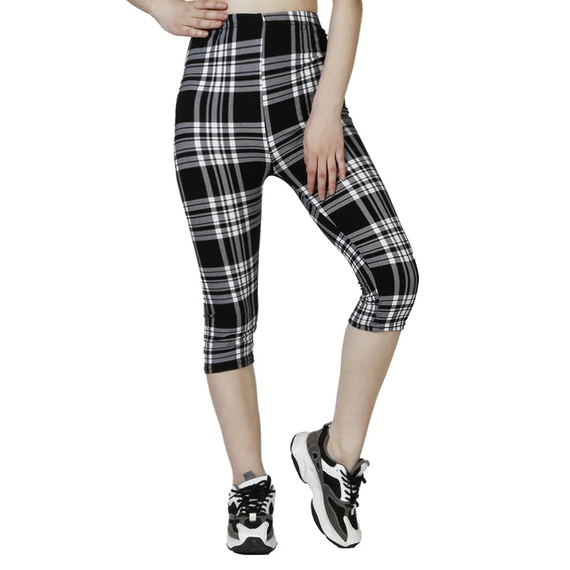 Summer Pants, WOMEN'S Cropped Pants, Black and White Grid Printed Leggings, Fitness Calf Length Leggings, Sports Elastic Short