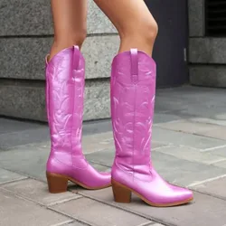 Women's Metallic Retro Western Cowboy Boots 2025 Embroidery Cowgirl Stiletto Pink Ridding Motocycle Boots