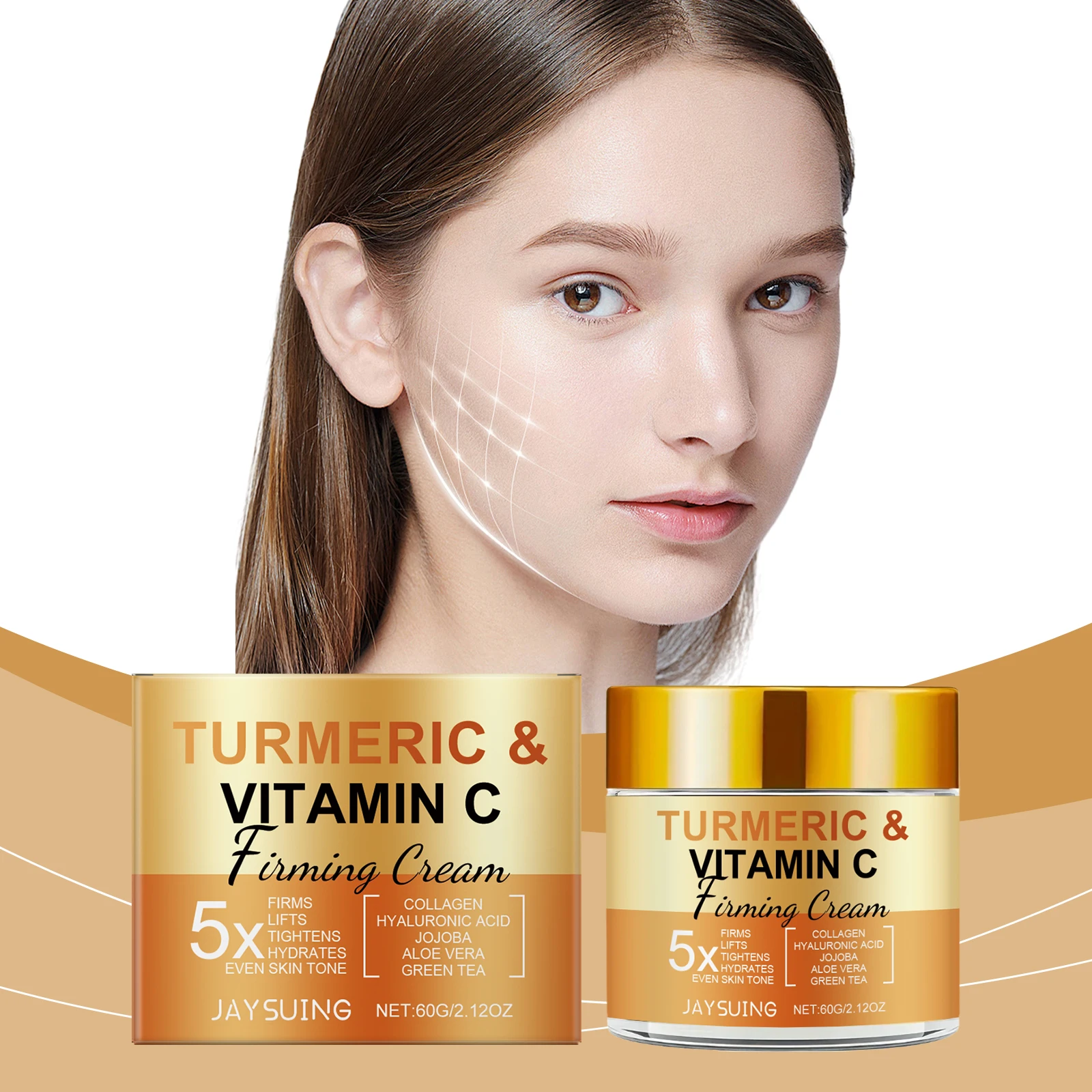 Jaysuing Turmeric Vitamin C Face Cream Smooth Out Reduce Wrinkles Moisturizing Brightening Firming Skin Lighten Dark Spot Makeup