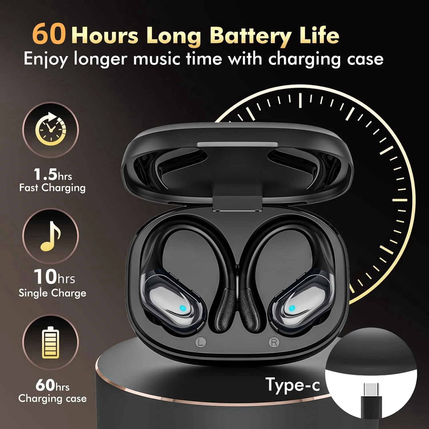 سماعات رأس رياضية لاسلكية مع ميكروفونات، تحكم في الأزرار، شاشة LED للطاقة، صوت ستيريو Hifi، سماعة رأس لاسلكية بلوتوث 5.4