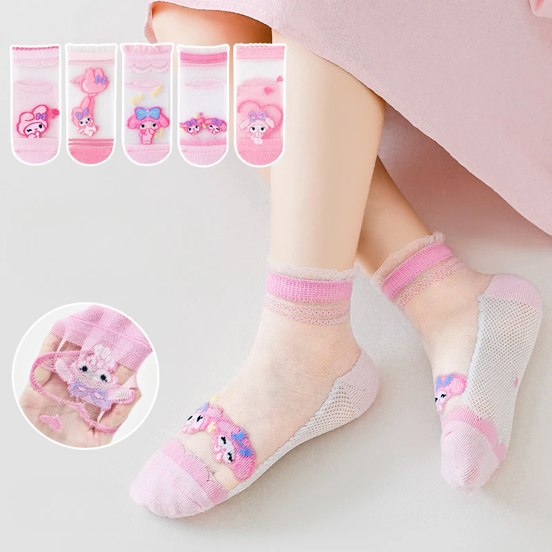 5 Pairs Kuromi Anime Figure Socks for Children Kawaii Thin Socks for Baby Girls Cute Cartoon Melody Breathable Mid-calf Socks