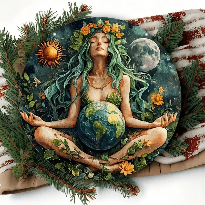 Gaia Goddess Earth Mother Circular Iron Wall Art, Flat Printed Hanging Decor for Home, Bars, Garages,  Restaurants, and Cafes