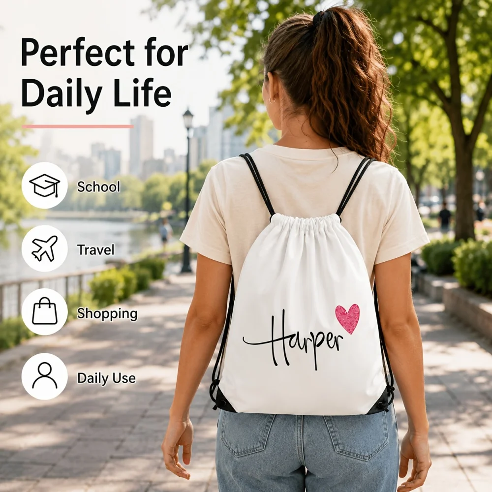 Custom Name Drawstring Backpack Heart Personalized Sackpack Gift Bag for Girls