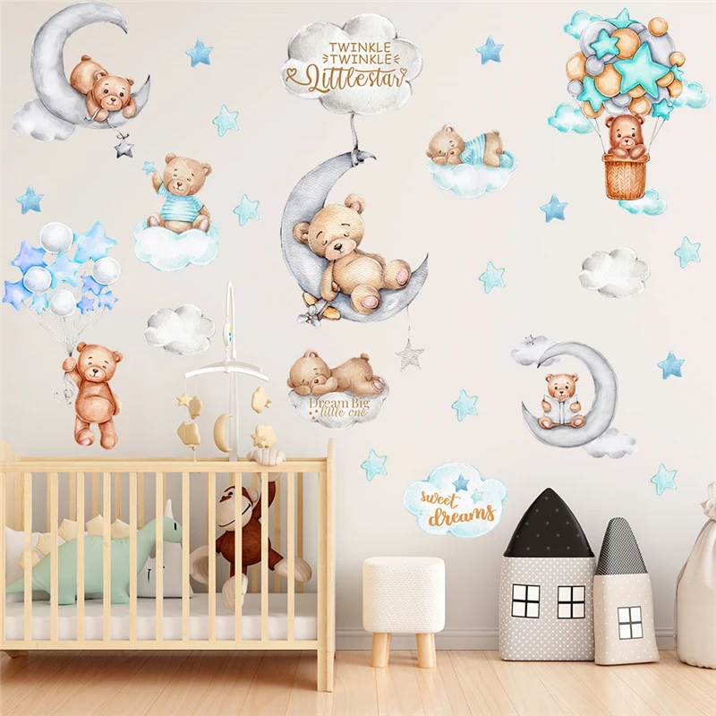 Cartoon Bear Sleeping On Balloon Moon Cloud Star Wall Sticker For Kids Room Decoration Animals Mural Art Home Decals Pvc Poster