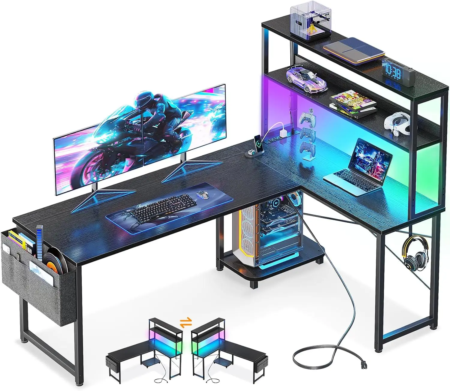 Brand new L Shaped Gaming Desk with Hutch & Power Outlet & LED Lights