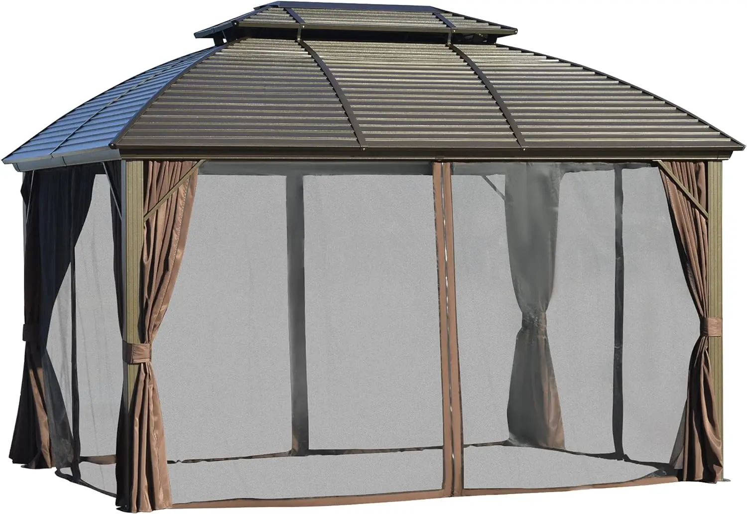 

10'x12' Hardtop Gazebo Canopy w/Galvanized Steel Roof,Aluminum Frame,Permanent Pavilion Outdoor Gazebo w/Netting & Curtains,Lawn