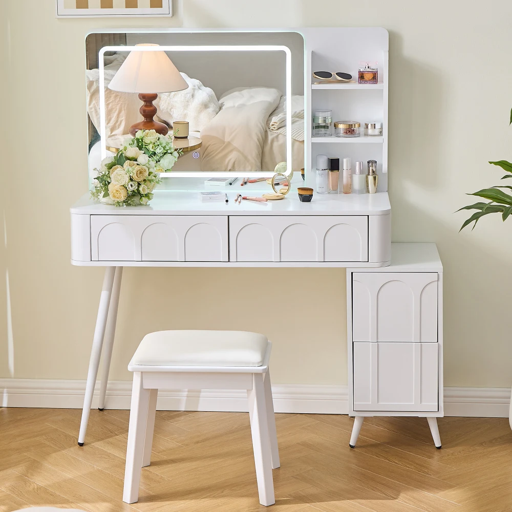 Modern White Vanity Table with LED Light and Mirror, Four-drawer Dressing Table Set, Includes Stool, Easy Assembly, Comfortable and Durable, Three-color Adjustable Brightness, Saves Bedroom Space.