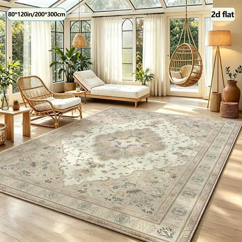 Beige Neutral Oriental Style Medal Pattern Floral Carpet Classic Square Carpet Non-Slip Elegant Floor Mat Suitable for Indoor Home Decoration