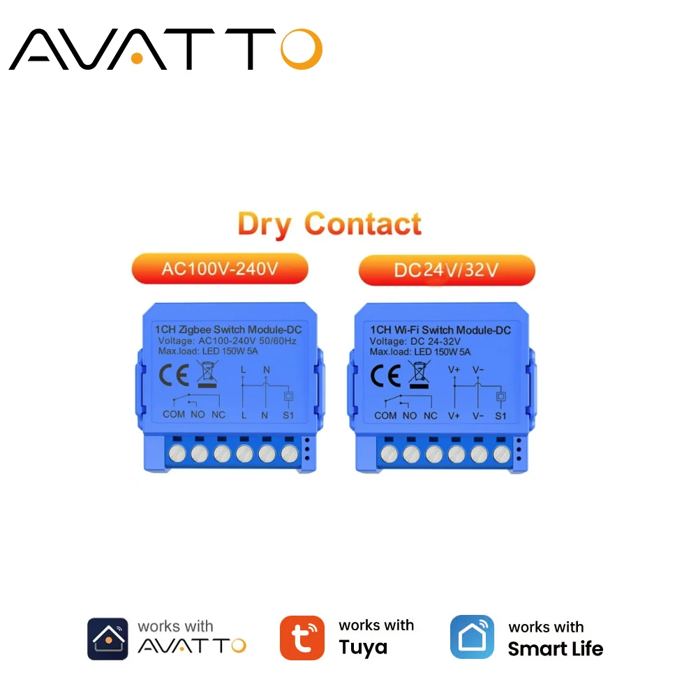 AVATTO Tuya WIFI/ZigBee Dry Contact Smart Light Switch Module Smart DrY Breaker Relay DC 7-32V/AC100-240V Work with Alexa Google