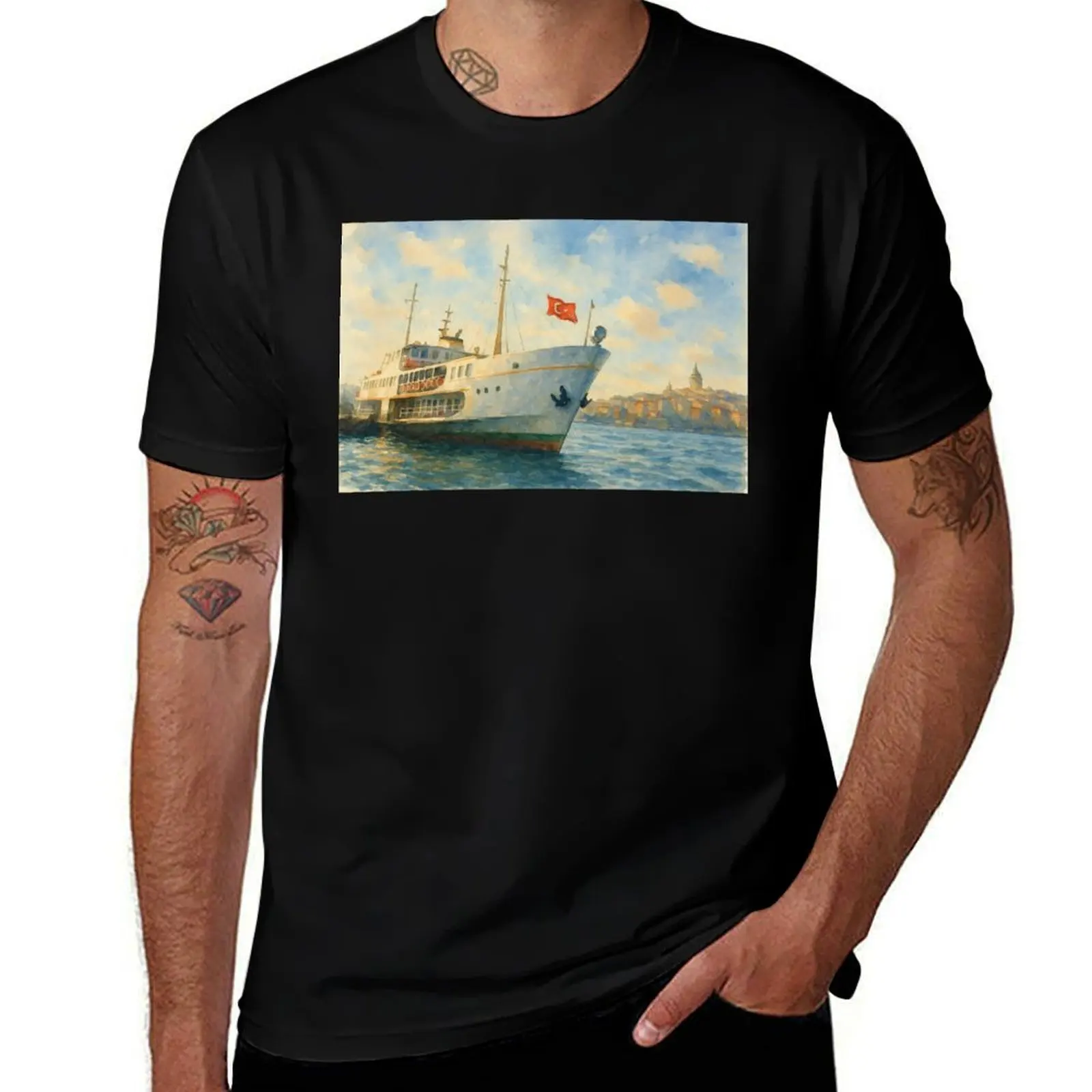 

Istanbul Ferry in Watercolor with Galata Tower T-Shirt plus size tops sweat korean fashion heavy weight t shirts for men