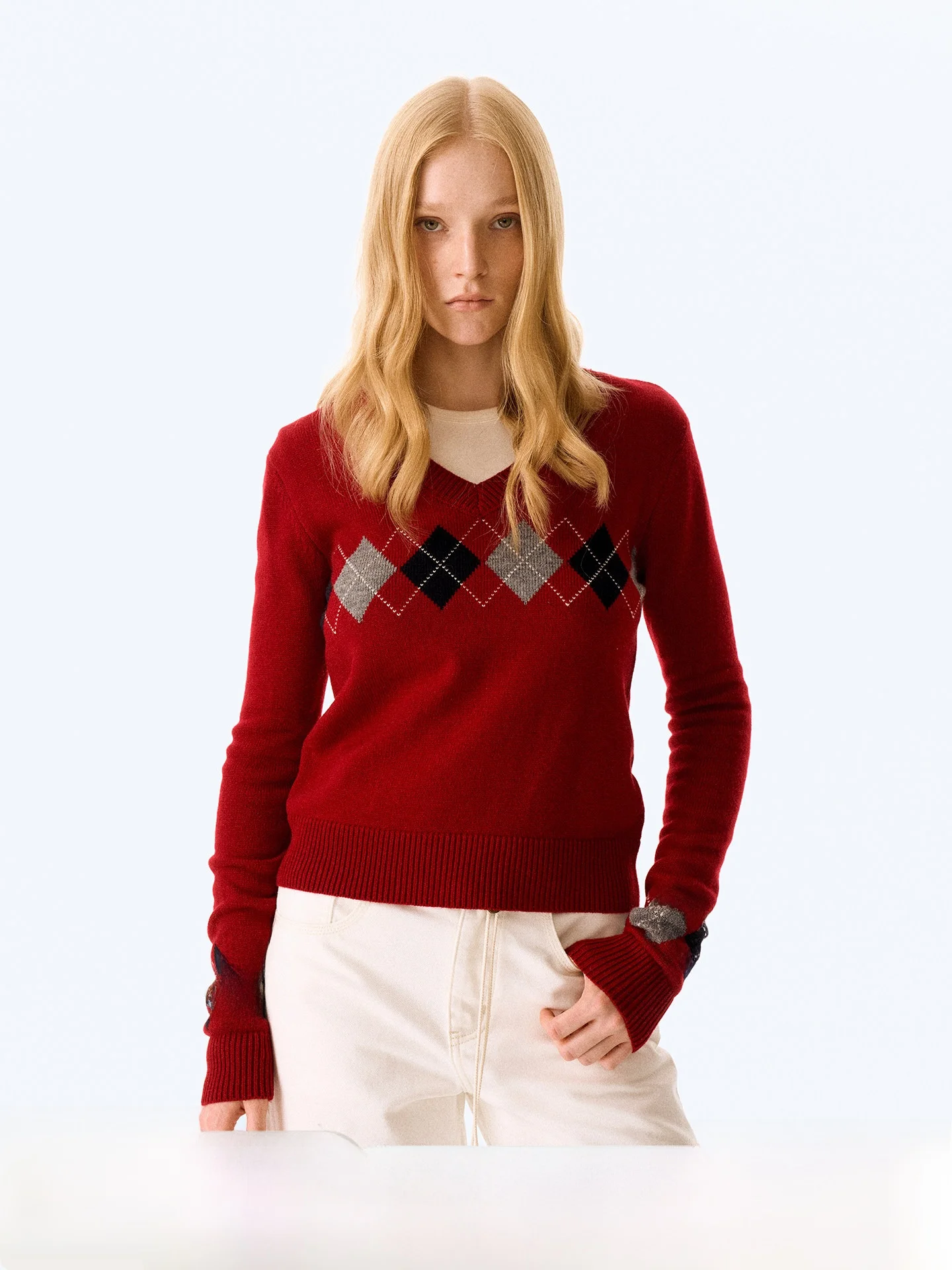 

Firstfloor Autumn Winter Vintage Color Blo Diamond Pattern V-ne ort Casual Sweater Women's Comfortable Warm Knitwear