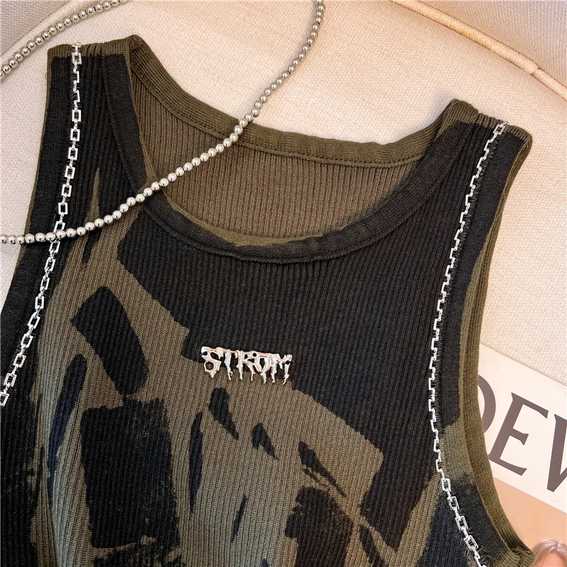 Elastic Tie Dye Eye Letter Graphic Tank Top Women Summer Y2K Clothes Round Neck Sleeveless Crop Top Vest Streetwear Knit Camis