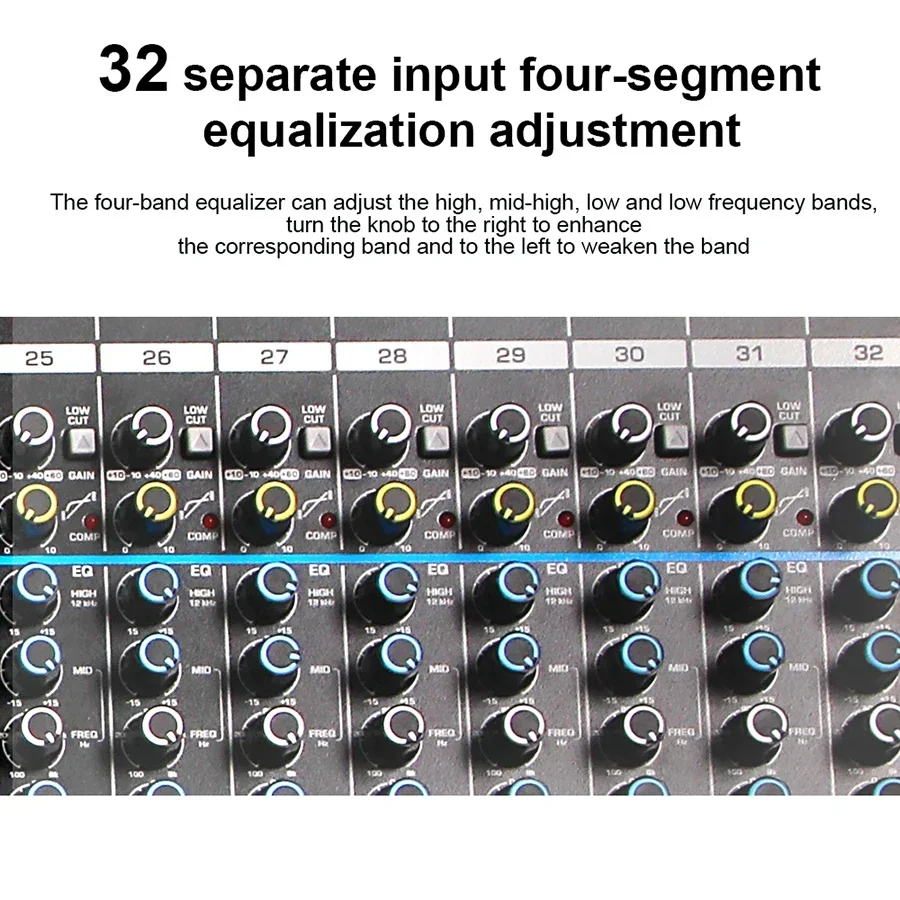 Mixer de áudio profissional integrado com 99 tipos de efeitos digitais, console de música de 32 canais