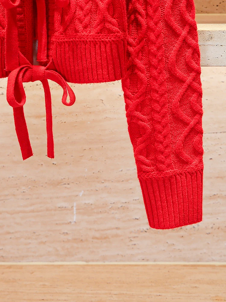 كارديجان محبوك مفتوح أنيق بحزام وعقدة فراشة للنساء، تصميم أوروبي راقي لفصل الربيع، نمط بسيط وقصير