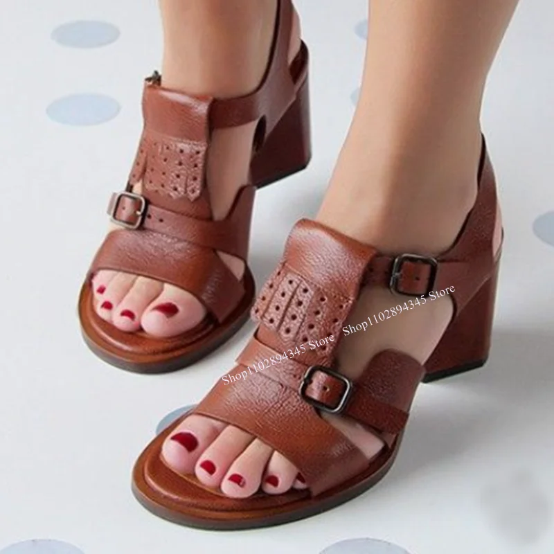 Bruine Lederen Peep Toe Snadals Holle Gesp Riem Ondiep Modieuze Sexy Nieuwe Stijl Zomer 2023 Vrouw Schoenen Zapatillas Mujer