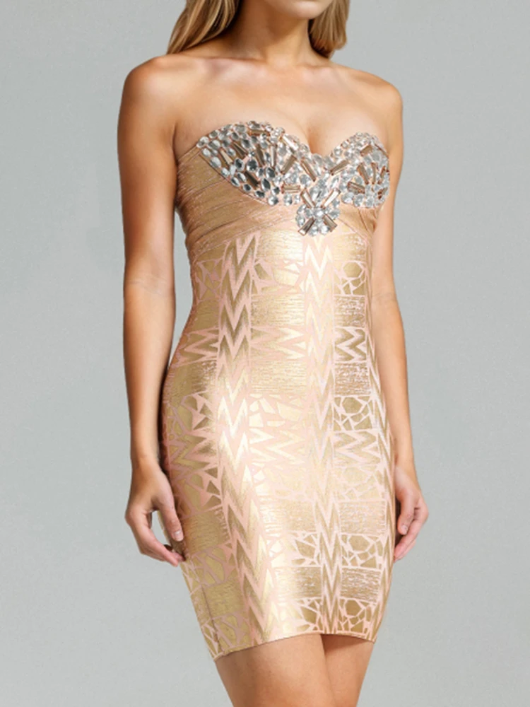 VC Gilded Glamour Strapless Short Dress Gold Crystals Oil Printed Tube Sleeveless Bodycon Bandage Mini Cocktail Party Outfit